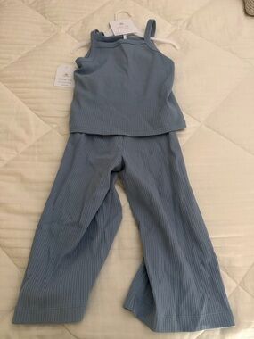 Blue Ribbed Tank Top & Wide Leg Pants Set